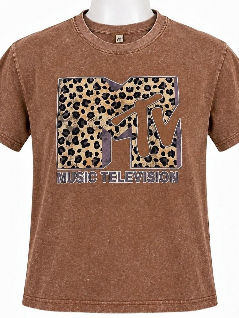 MTV Leopard Print Logo Mineral Wash T-Shirt Brown Size Medium